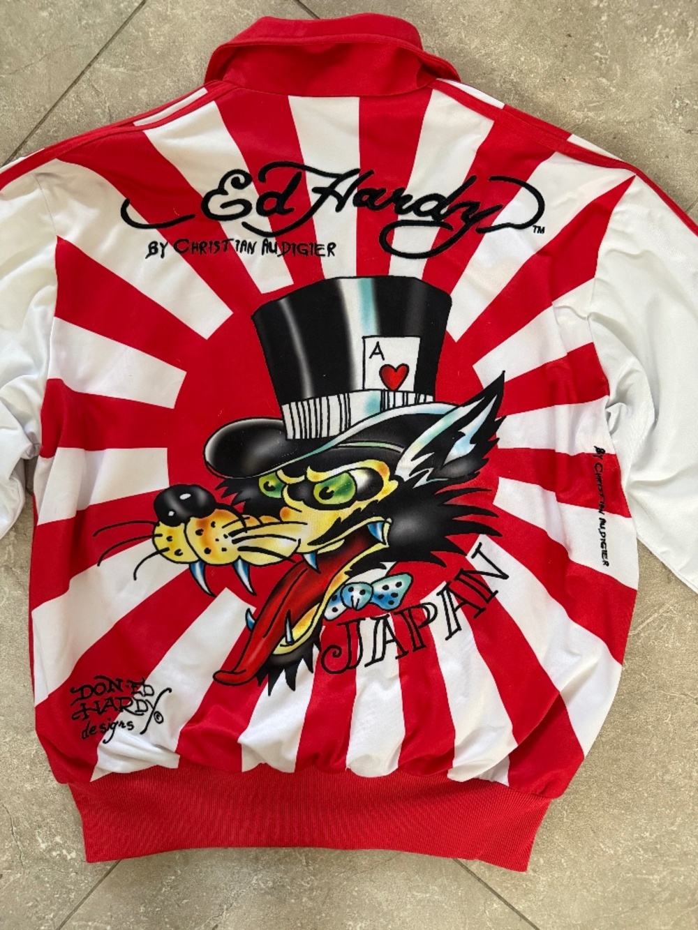 Retro Ed Hardy Jack of All Trades Wolf Red White Track Jacket OS